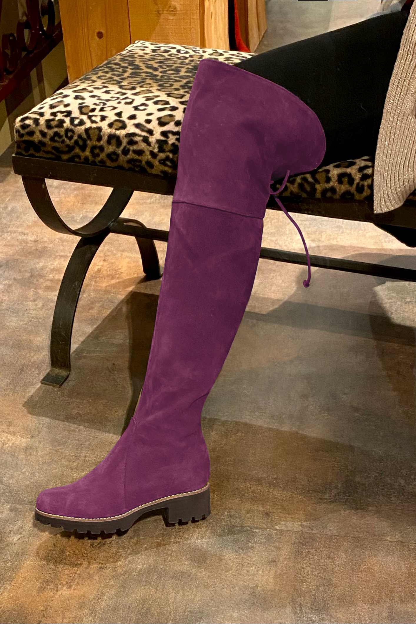 Mulberry purple women's leather thigh-high boots. Round toe. Low rubber soles. Made to measure. Worn view - Florence KOOIJMAN